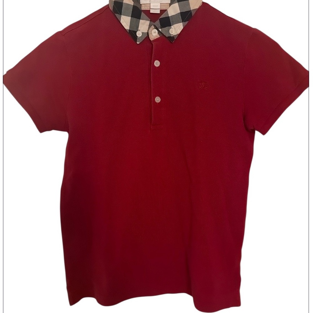 Burberry red polo shirt with iconic check collar detail.